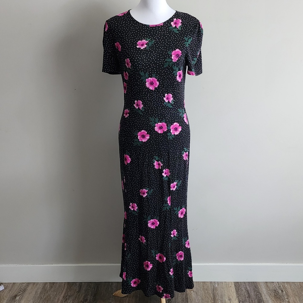 ASOS Maxi Dress Womens 6 Black Floral Polka Dot Short Sleeve Keyhole Back Party